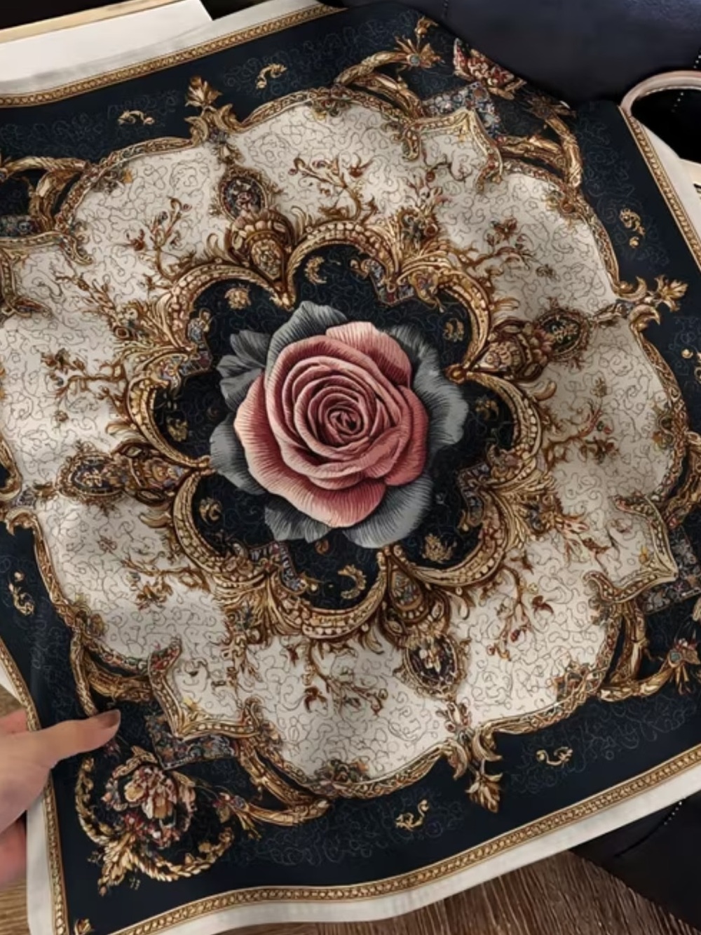 Elegant Floral Silk Scarf - Pink Rose on Black & Cream